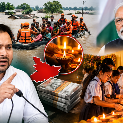 बिहारमध्ये पूरस्थिती, दिव्यांवरून राजकारण! तेजस्वी यादवांचा ‘100 कोटी’ंचा दावा; सरकारला सवाल—मदत महत्त्वाची की उत्सव?