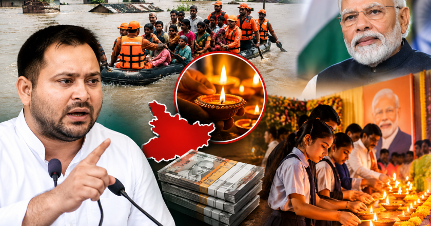 बिहारमध्ये पूरस्थिती, दिव्यांवरून राजकारण! तेजस्वी यादवांचा ‘100 कोटी’ंचा दावा; सरकारला सवाल—मदत महत्त्वाची की उत्सव?